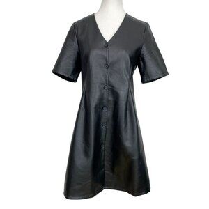 OAK + FORT BLACK FAUX LEATHER V-NECK SHORT SLEEVE BUTTON FRONT MINI DRESS - M